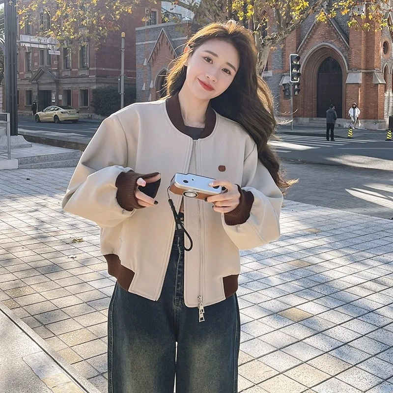 

2025 Spring Women's Oversized Color Block Bomber Jacket Korean Style Trendy Streetwear Slim Fit Versatile