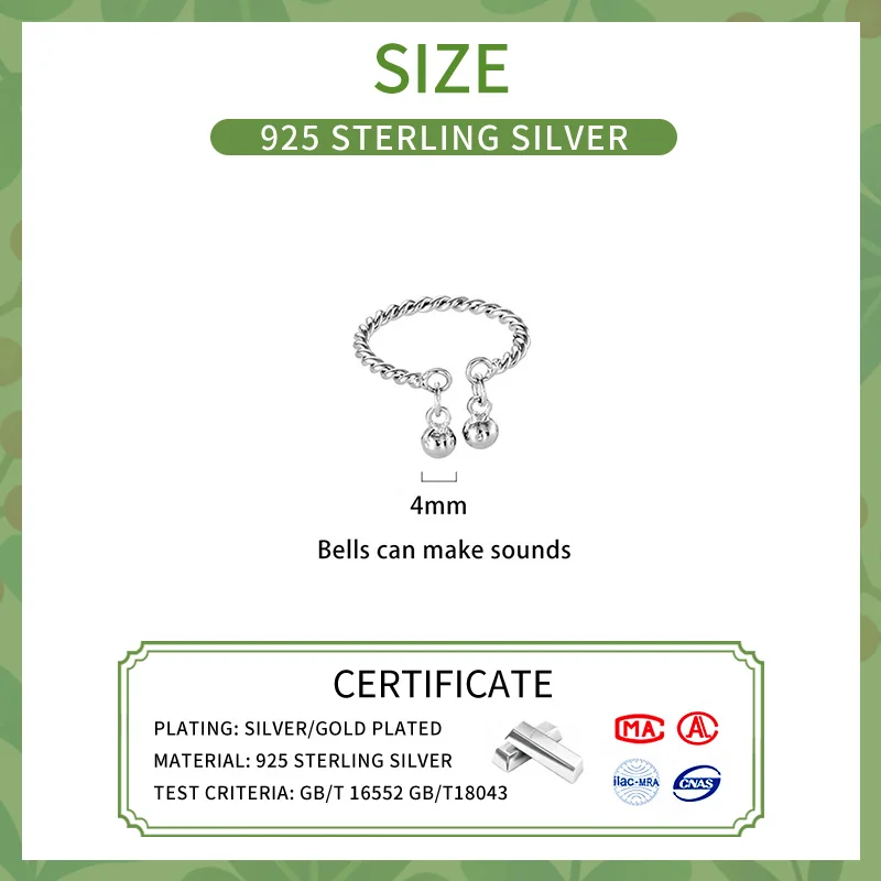 Real 925 Sterling Silver Twisted Round Bells Pendant Rings for Women Party Trendy Adjustable Fine Jewelry Minimalist Accessories