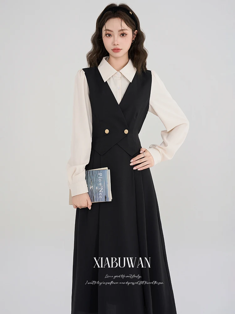 

Ele Autumnal Two-Piece Dr Formal Ocn Women's College Sle Long Sve irt Dr Waist-Cinched A-Line Skirt