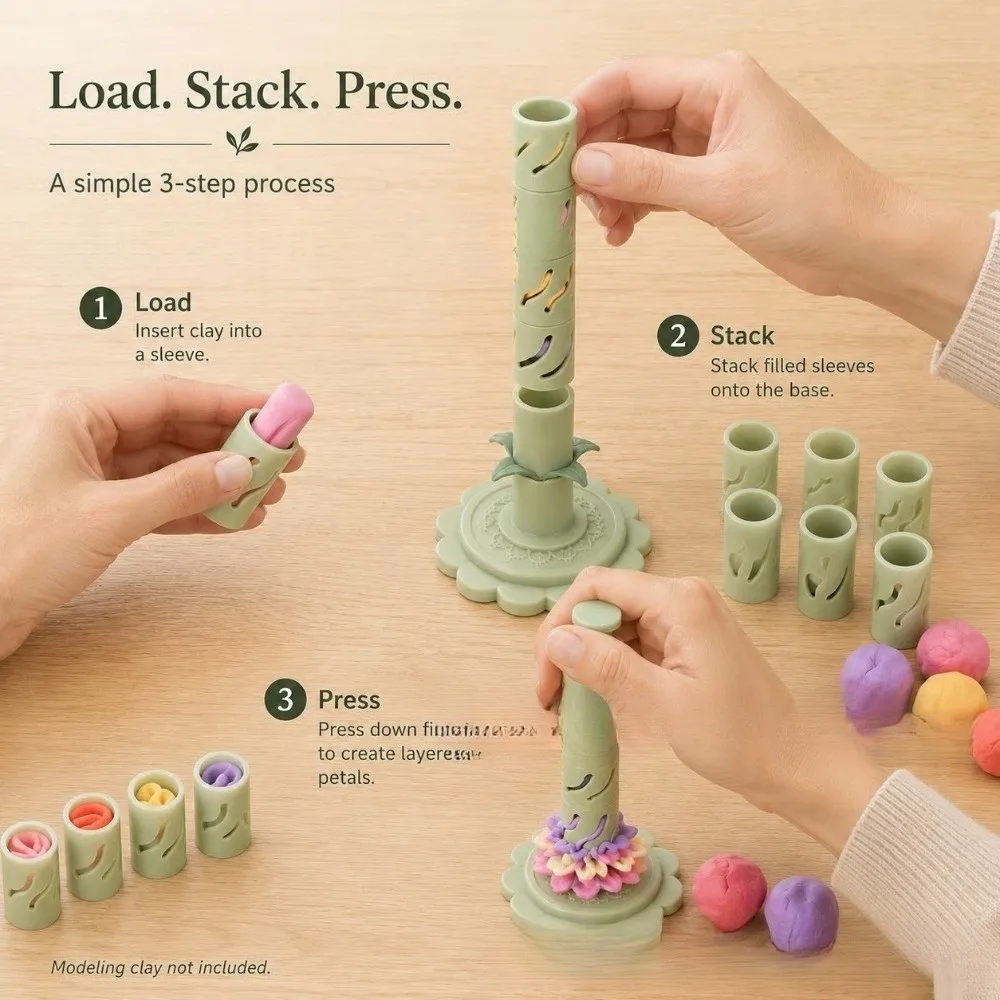 3D Printed Clay Flower Making Tool Handmade Multi-Cavity Modular Clay Bloom Maker 9 Shaping Sleeves Easy-Press