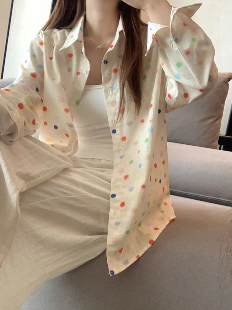 Jmprs Rainbow Dot Sweet Shirt Women Korean Loose Long Sleeve Fashion Blouse Fall Elegant Casual All Match Female Chic Tops New