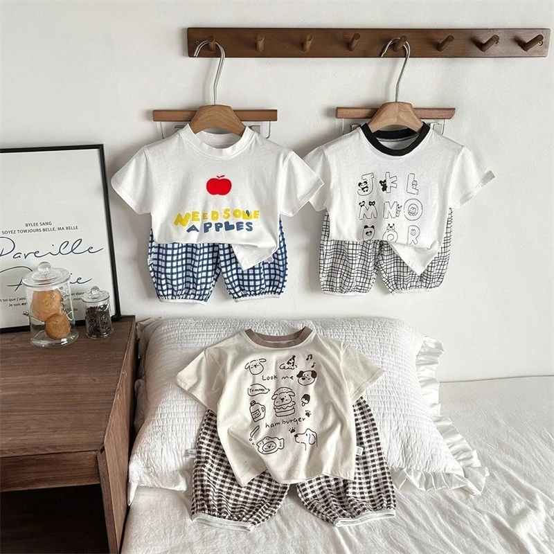 Cute Kids Cotton Clothes Set, Baby Boys Girls T-shirt with Letter/Animal/Apple Pattern + Elastic Waist Plaid Shorts Summer