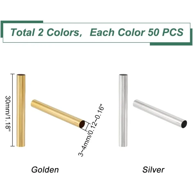 Brass Tube Beads 100pcs 2 Colors Golden/Silver Macrame Spacer Beads with 4mm Large Hole Noodle Tube Beads for DIY Sewing Craft