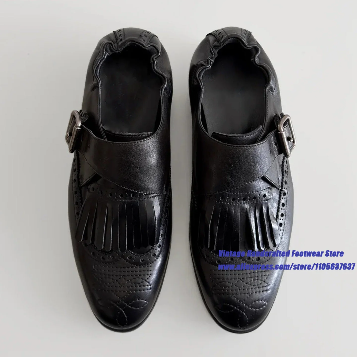 Soft Black Leather Fringe Tassel Loafers Adjustable Metal Buckle Slip On Brogue Shoes Oxford Dress Shoes Designer Men's Shoes