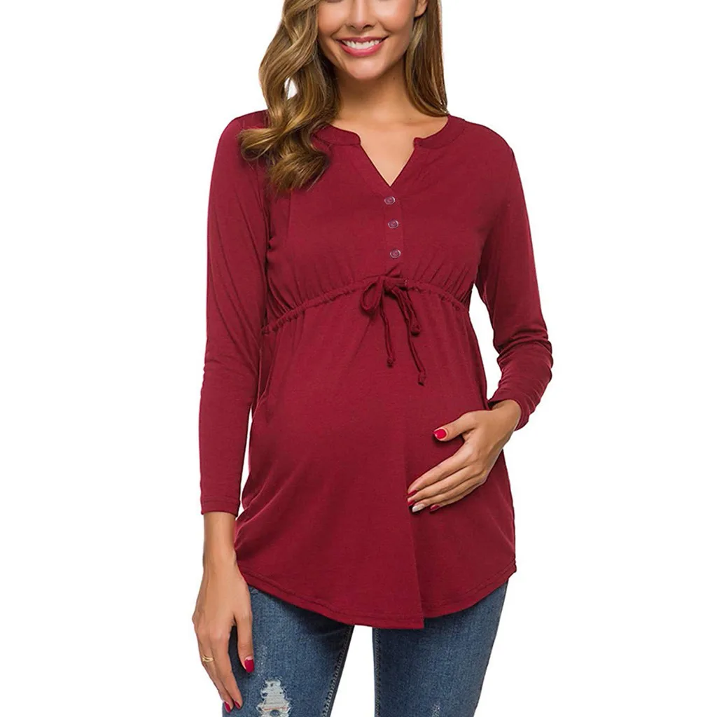 Solid Color Long Sleeved Pregnant Woman Breastfeeding V-neck Top Solid Color Waist Tied and Anti Glare ChifBfon Shirt