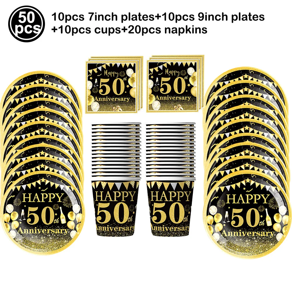 50th Birthday Party Supplies for Men Women Black and Gold 50 Years Old Party Paper Plates Cups Napkin Tablecloth Tableware Decor