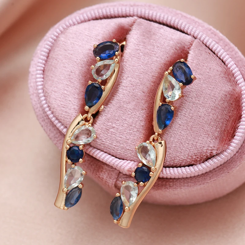 

New 585 Rose Gold Blue Zircon Earrings Prong Set Natural CZ Long Drop Earrings Piercing Party Hoops Elegant Wedding Fine Jewelry