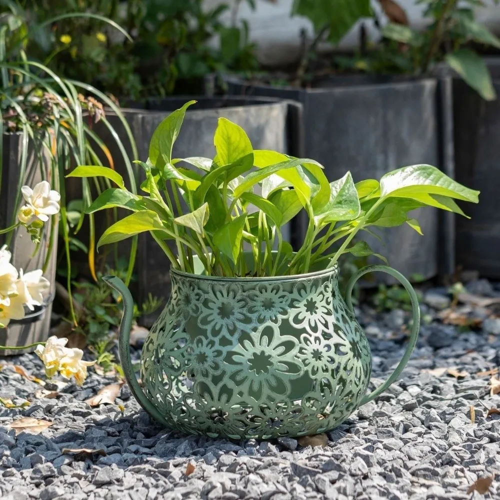 Practical Retro Hollow Teapot Flowerpot Wrought Iron Double Layer Flower Pot Floral Cutout Decorative Flowerpot Garden