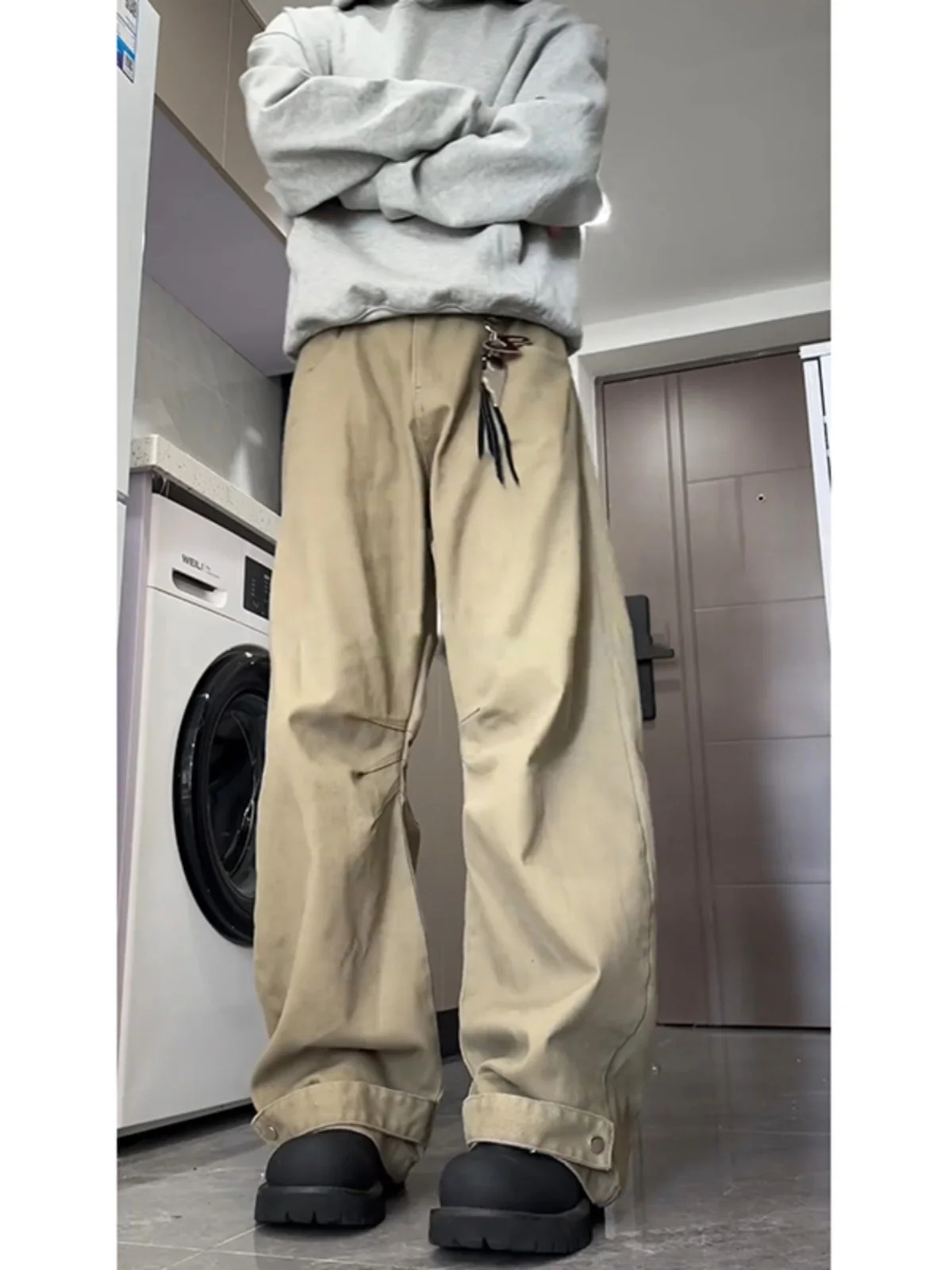 

Мужские джинсы цвета хаки с широкими штанинами, свободного кроя, с плиссировкой, в стиле рабочей одежды, американские ретро-брюки прямого кроя, повседневные брюки