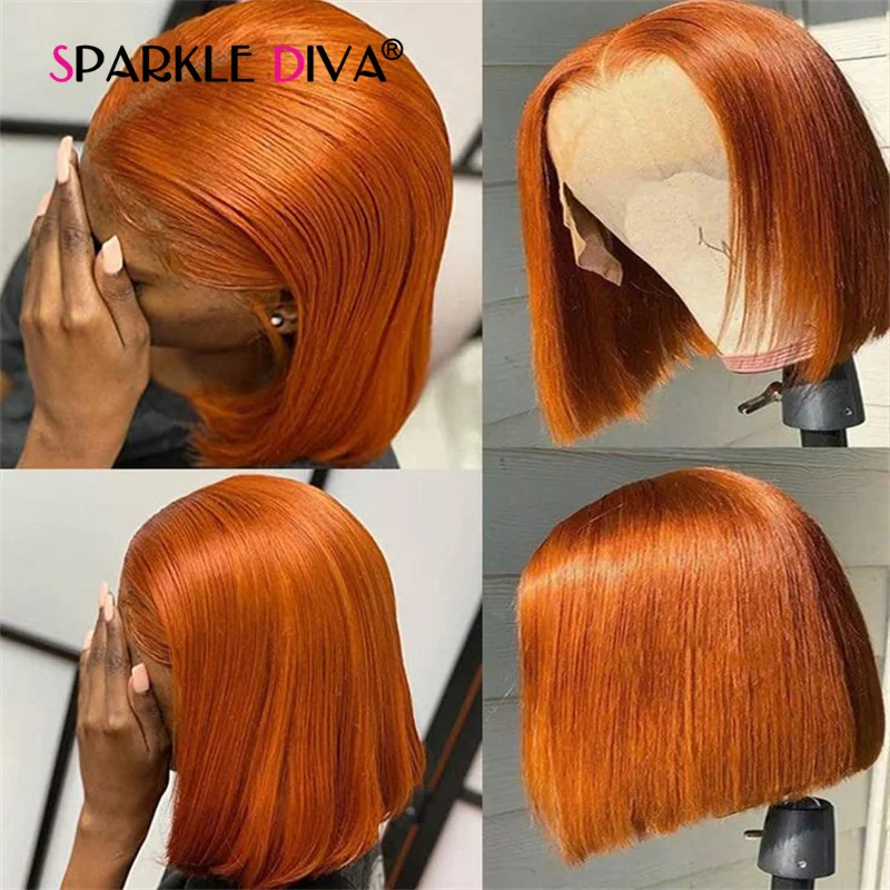 Short Bob Human Hair Wigs Orange Ginger  13x4 Hd Lace Frontal Wigs For Women 12A Brazilian Bone Straight Lace Front Wigs Sale