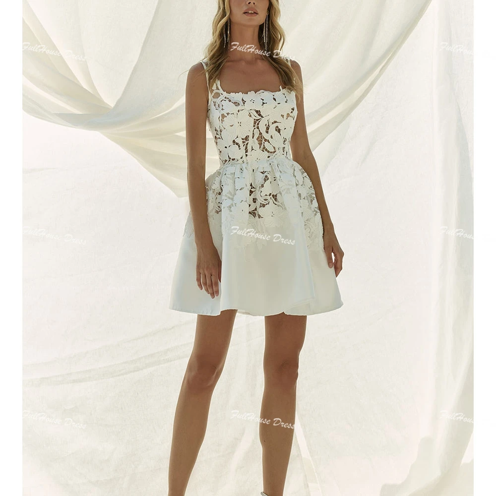 

Customized Boho Square Collar Satin Appliques Lace A-line Wedding Dress Button Short Mini Elegant Spaghetti Straps Bridal Dress