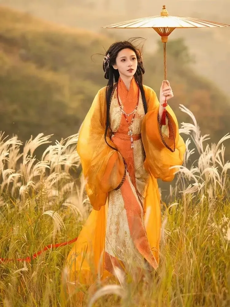 

Китайский женский карнавальный костюм Hanfu на Хэллоуин, древний традиционный костюм династии Сун оранжевого цвета с принтом Hanfu, костюм из 3 предметов для женщин