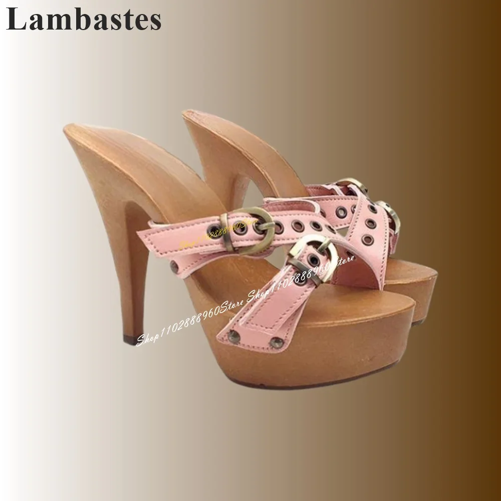 

Pink Leather Buckle Strap Platform Slippers Spike High Heel Shoes For Women Slip On Open Toe Occidental Style Women Slippers