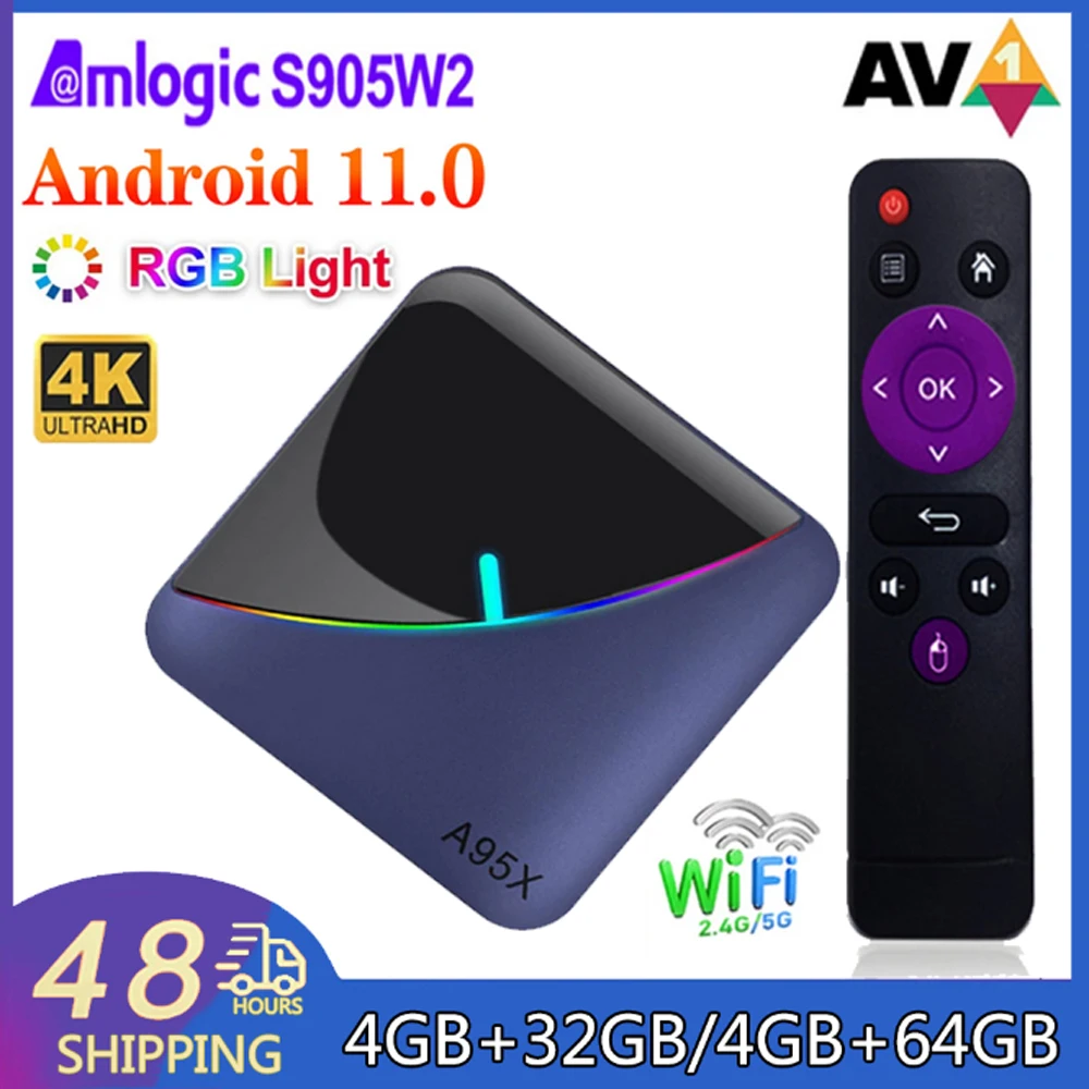 

A95X F3 Air II TV Box Quad Core Amlogic S905W2 AV1 H.265 100M LAN 2.4&5G Dual Wifi BT5.0 HD 4K HDR+ Smart TV Box Media Player