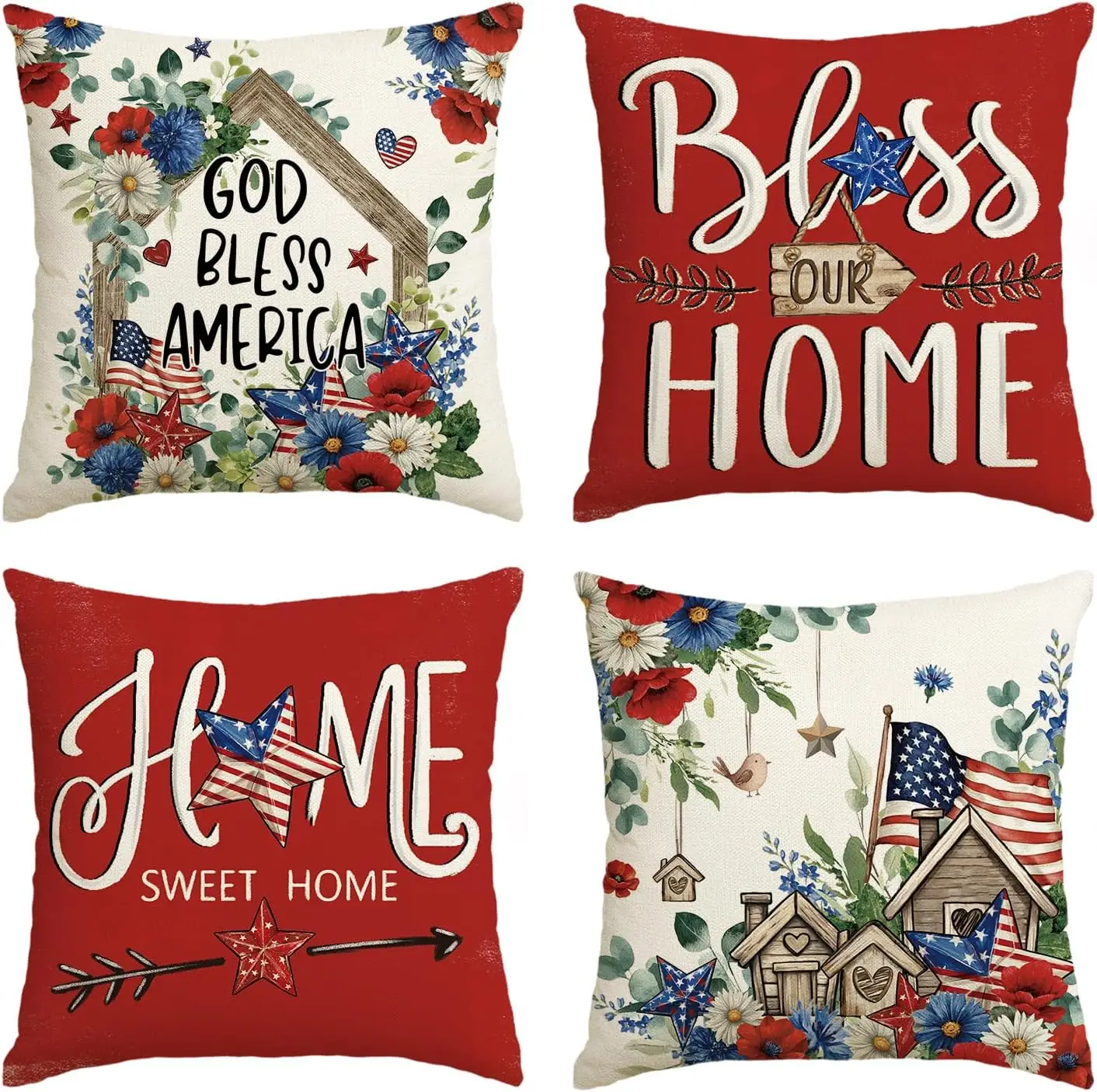 Set of 4 Patriotic Americana Throw Pillows Cushion Covers USA Flag Rustic Farmhouse Home Decor Accent Pillow for Living Room Gif