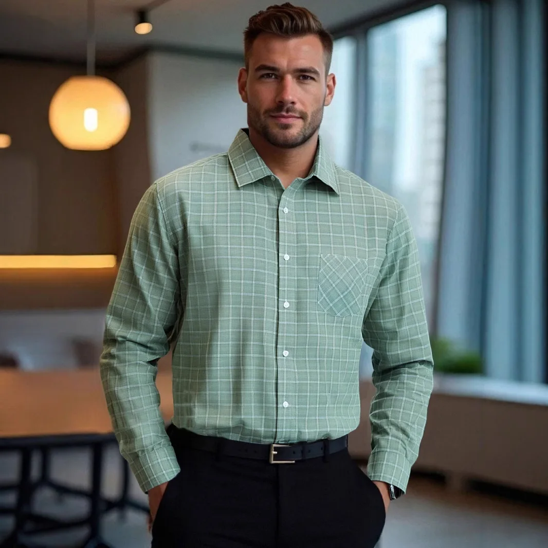 

Рабочая рубашка с длинным рукавом, мужская деловая повседневная клетчатая рубашка с лацканами