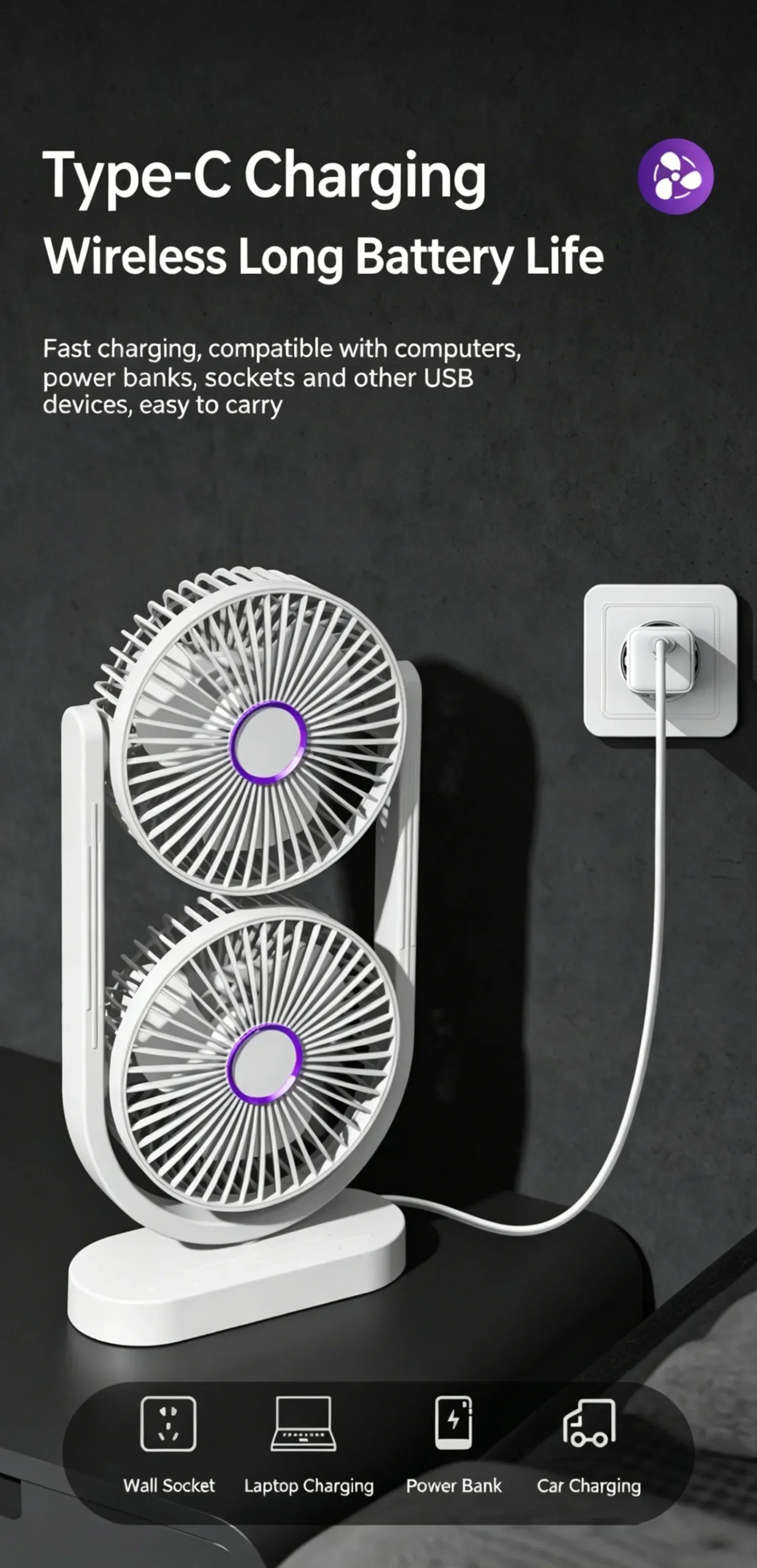 Dual-Head-Schreibtischventilator mit unabhängiger Steuerung, USB wiederaufladbar, 3 Geschwindigkeitsstufen, 360° verstellbar ° Geräuscharmer Twin-Turbo-Lüfter für Büro und Zuhause – Detail 15