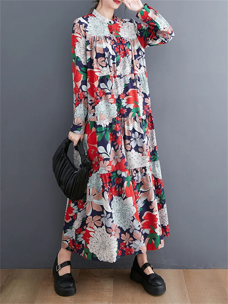 Oversized Spring Summer New Chic Women Flower Dress Korea Ladies Womens Casual Loose Pullover Dresses Vintage Floral Long Dress