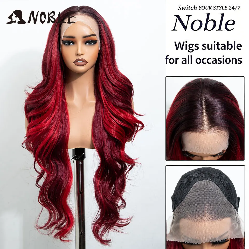 Noble Synthetic Lace Front Wigs For Women 30 Inch Curly Wine Red Ombre Highlight 13x4 Body Wave Silk Base Lace Wig Cosplay Wig