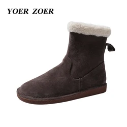 Snow boots female Padded thickened classic cotton boots 2025 winter new Genuine leather non-slip round toe Low tube ankle boots
