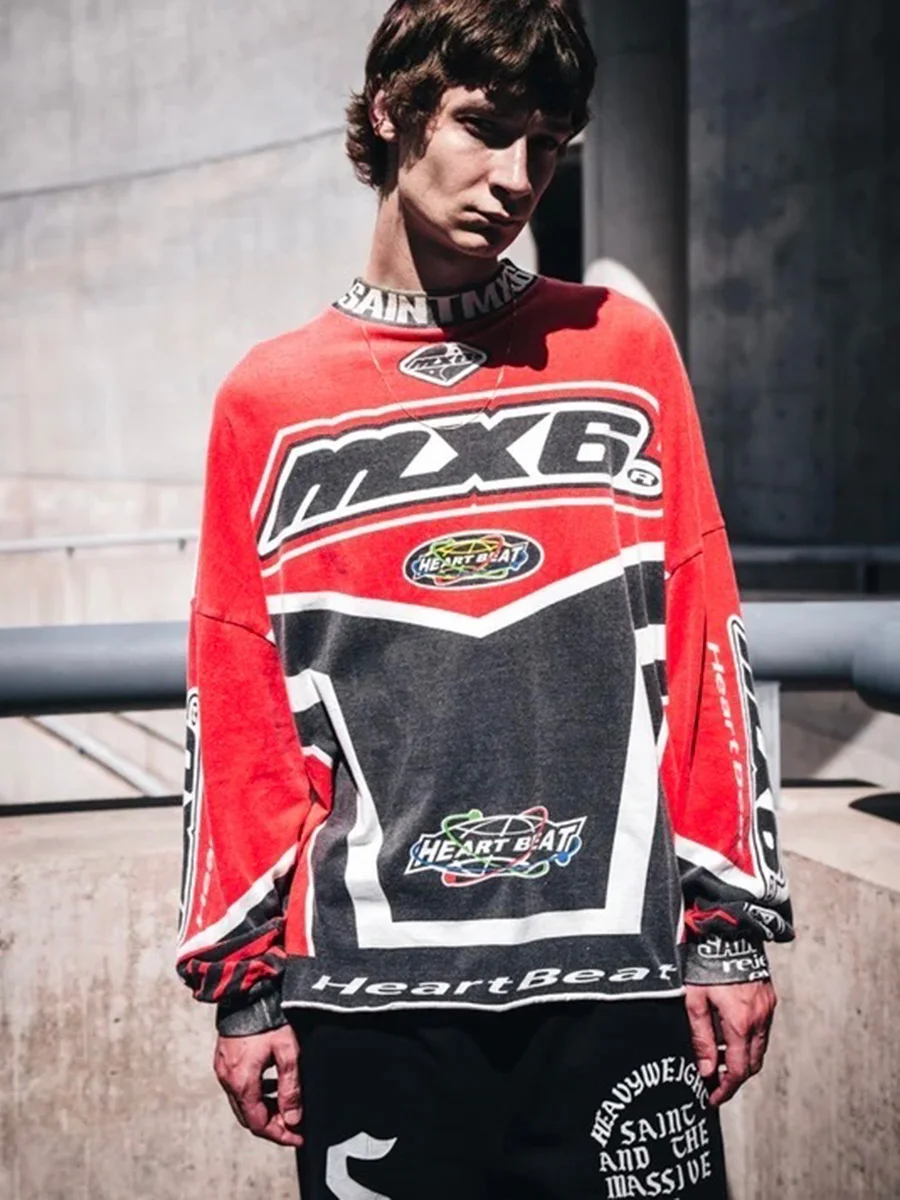 Retro American Street Racing Style Printed Vintage Long Sleeve T-Shirt Men's Washed out Fashion Casual Cotton Tee for Autumn