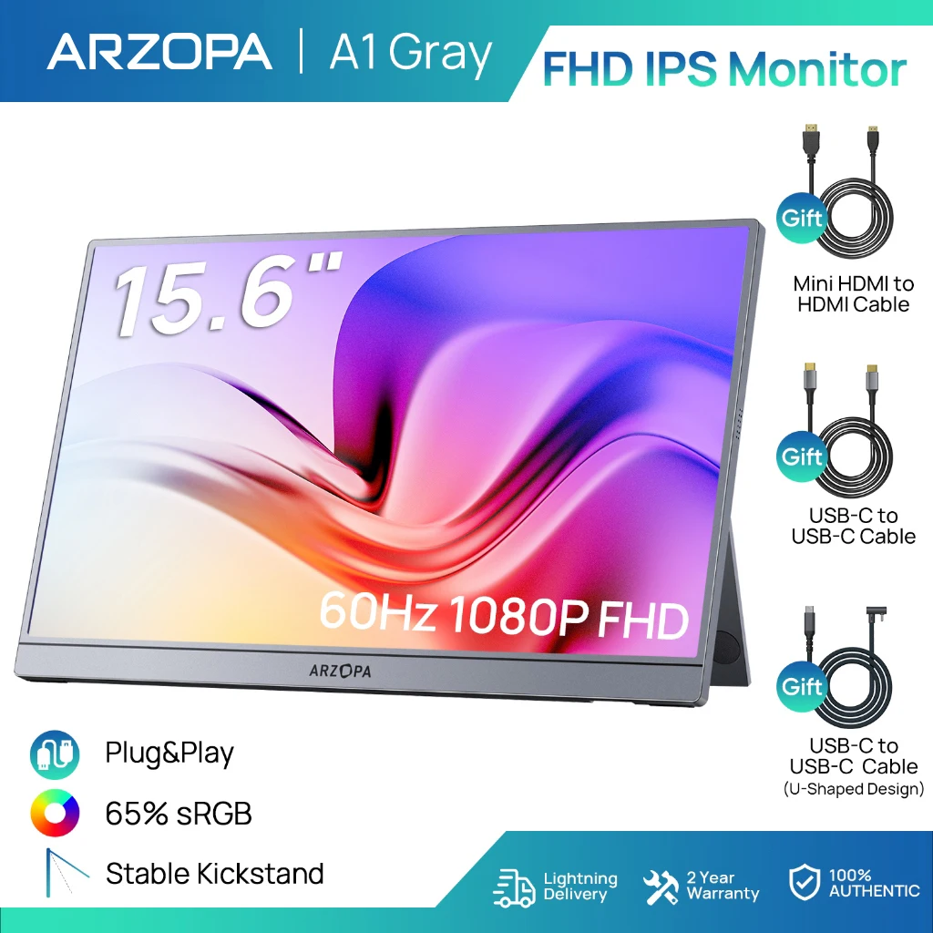 ARZOPA 15,6-calowy przenośny monitor 1080P HDR, zewnętrzny drugi ekran do PC/MAC/telefonu/Xbox/PS A1, szary