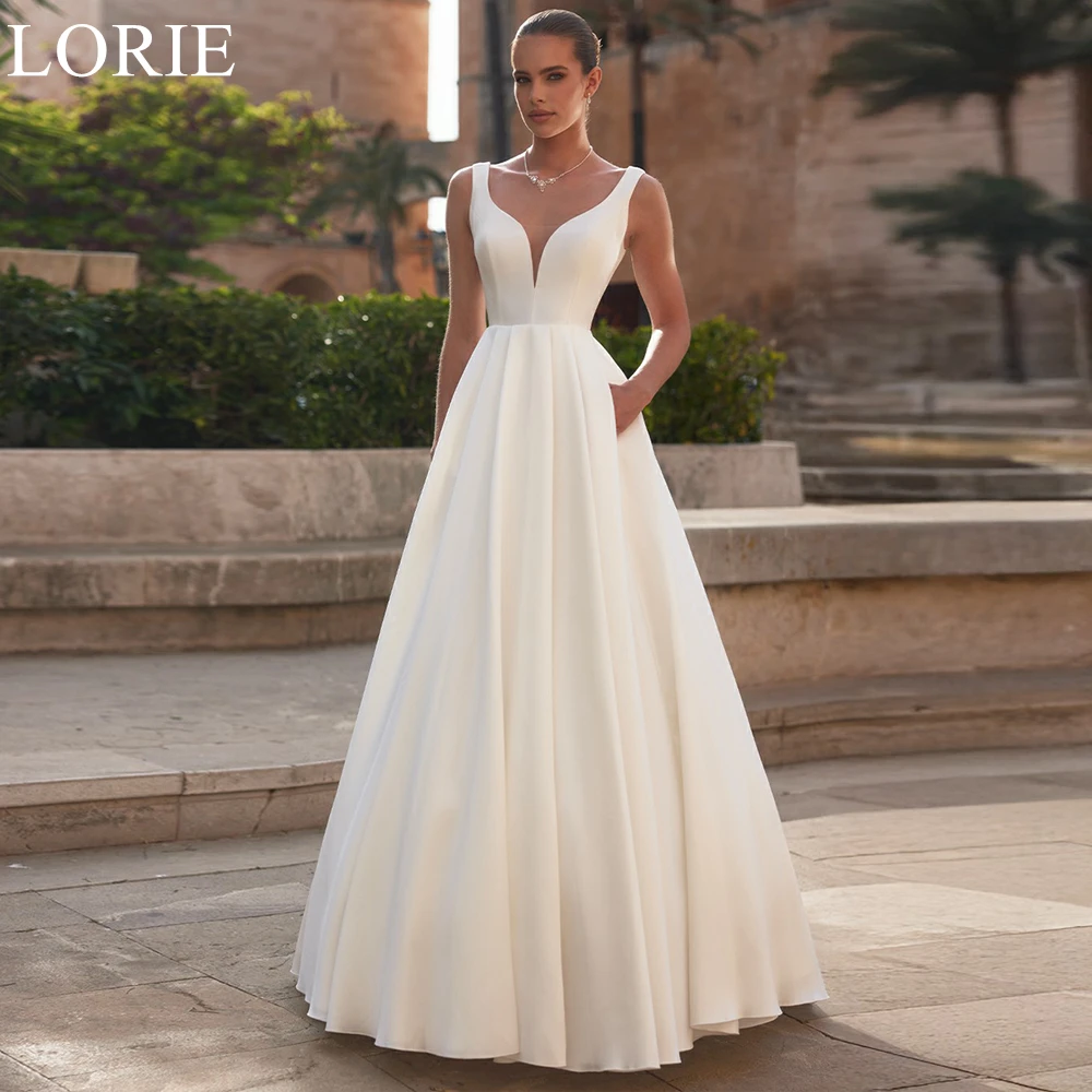 LORIE Einfache Satin-Brautkleider mit V-Ausschnitt, plissiert, A-Linie, rückenfrei, Strandbraut-Abschlussballkleid 2022, elegante Brautkleider, individuell gestaltet