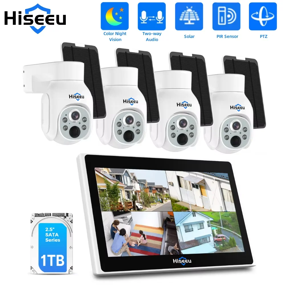 

Hiseeu 10CH NVR 4MP WiFi PTZ Solar IP Cameras System Kit Color Night Vision Human Detection P2P Outdoor Wireless Security System