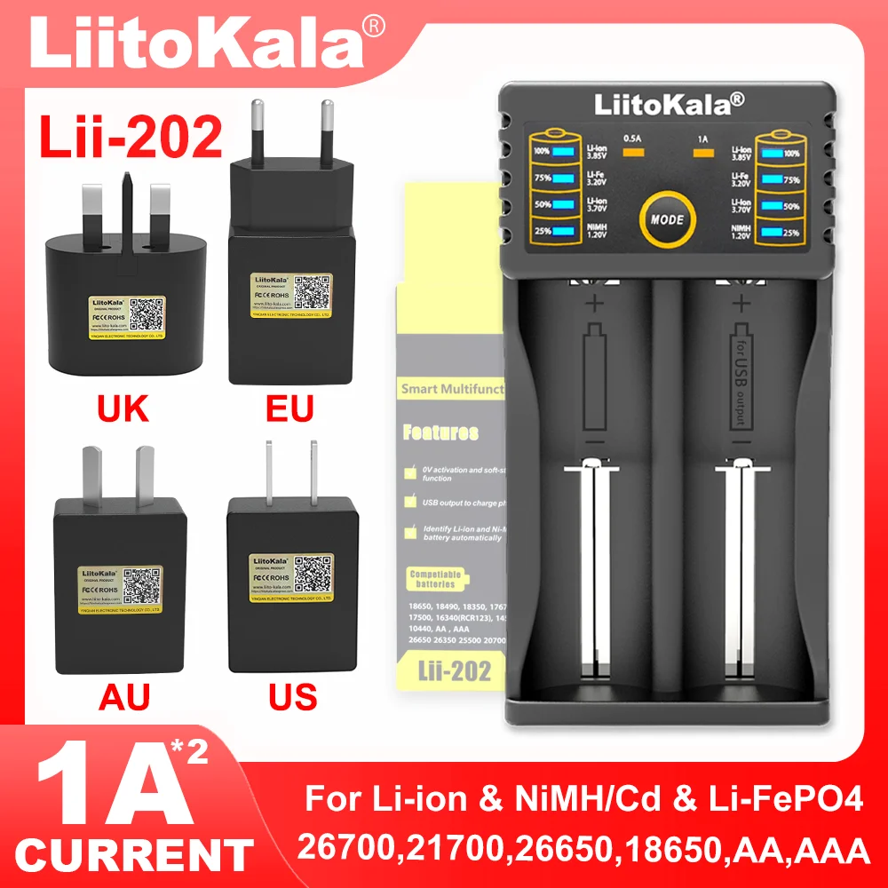 Lii-L2 Lii-L4 Liitokala Lii-402 Lii-202 wtyczka 5V EU US UK dla 3.7V 18650 18350 26650 18490 14500 21700 inteligentna ładowarka