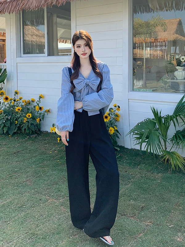 

plus Size Casual Outfit Spring New Design Knot Striped Long Sleeve Shirt High Waist Wide Leg Pants Ensemble