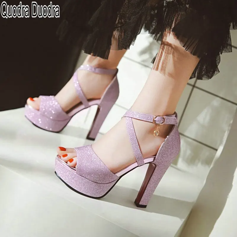 

Women Shoes New Summer Sandals Platform Fashion Lady Peep Toe Thin High Heels Big Size 43 33 Party Bling Solid Chunky Buckle