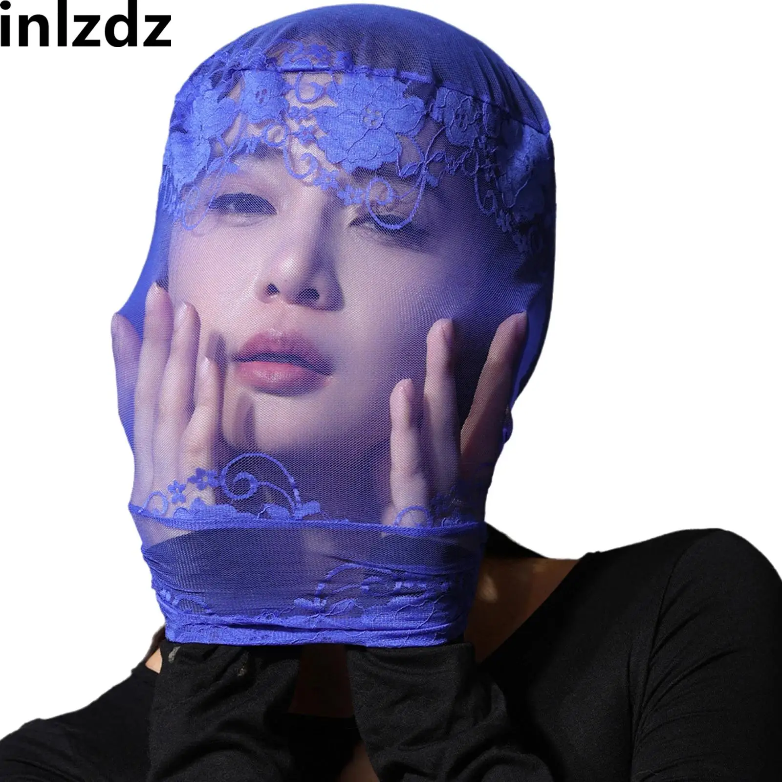 Unisex Adult Lace Full Face Mask Elastic Full-coverage See Through Hood Head Cover for Halloween Cosplay Photography