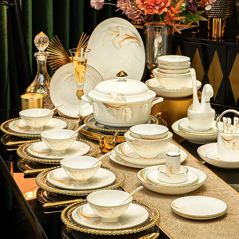 

2025 New Jingdezhen High-end Bowl Plate Tableware Set For Housewarming Gift Bone China Bowl, Chopsticks Plate Set Gift Giving