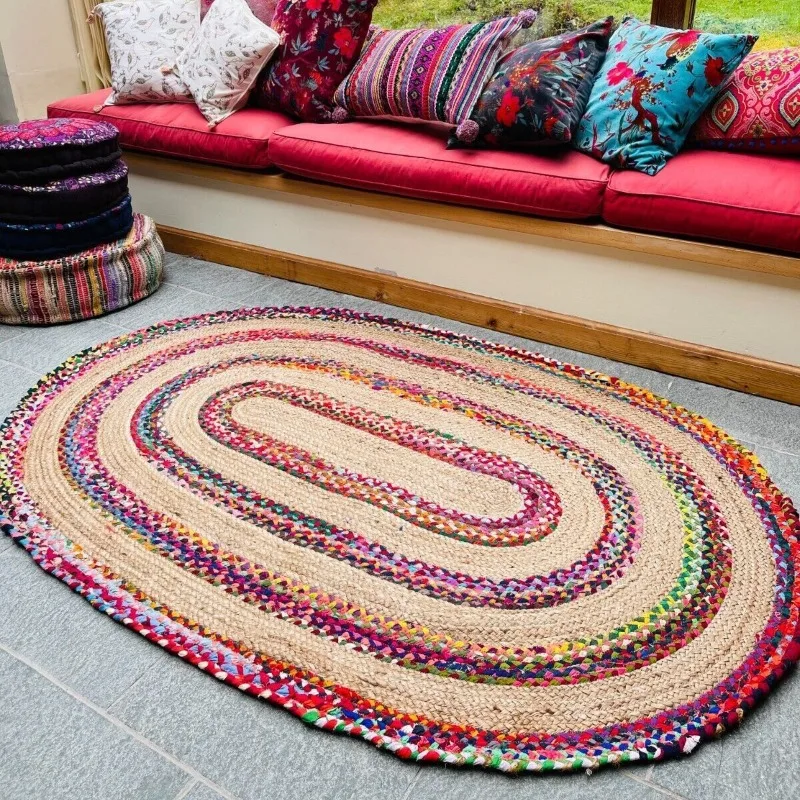 

Oval Rug 100% Natural Jute Cotton Rug Handmade Reversible Area Carpet Modern Rug