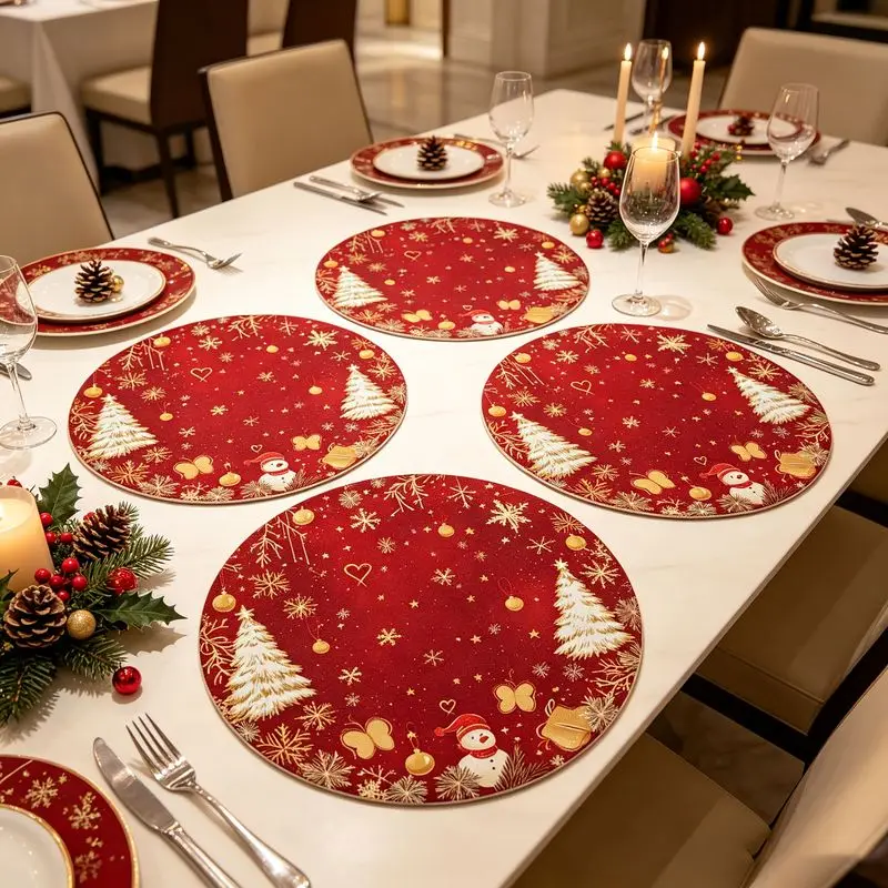 VIKAMA Amber Holiday Tree Snowman Round Placemat Scarlet Canvas Fir Gift Heart Frost Festive Table Mat Trendy Art Soft Durable