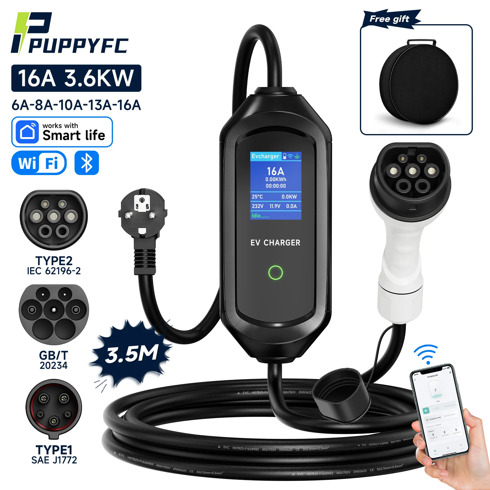 

Puppyfc Portable Electric Vehicle Charger 3.6KW 16A IP65 Waterproof Type2/Type1 SAE J1772 WiFi Smart Charging Station