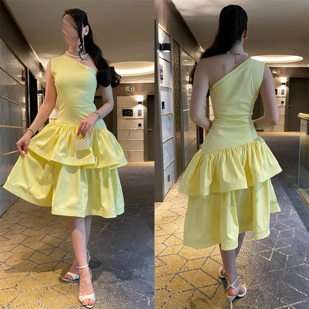 

Customized High Quality Fashion Jersey Pleat Tiered A-line One-shoulder Knee Length Dresses Bespoke Occasion Dresses Classic