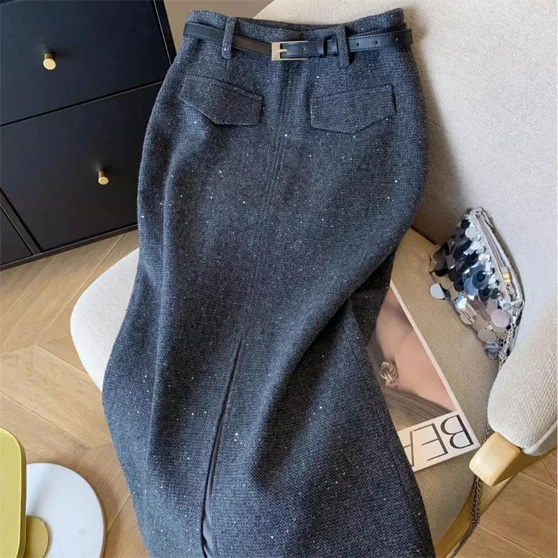 ใหม่หรูหราเลื่อมกระโปรงผู้หญิงฤดูใบไม้ผลิฤดูใบไม้ร่วงElegant HighเอวSlimแยกOffice Lady WoolenกระโปรงMidi Faldasเสื้อผ้า