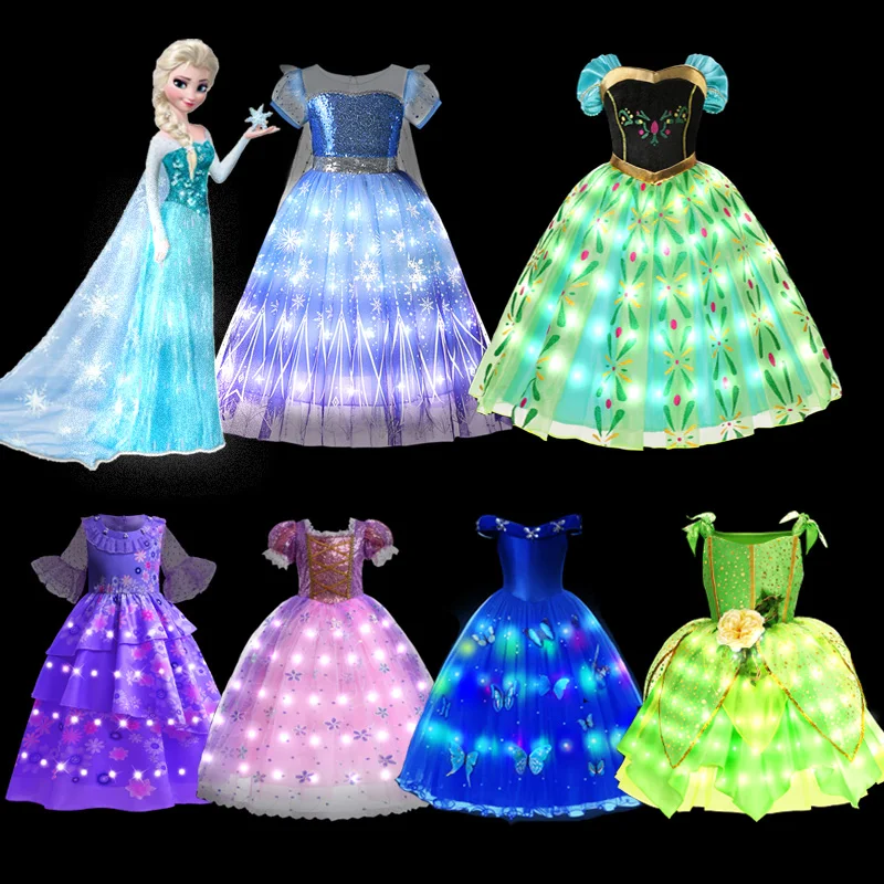 Elsa Anna LED Light Princess Dress Girls Elf Rapunzel Kid Birthday Party Clothes Halloween Cosplay Frozen Cinderella Costume