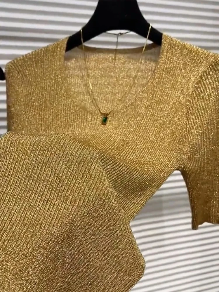

Summer New Style Chic Slim Ice Silk Knitted Top Gold Short-sleeved T-shirt for Women 2025