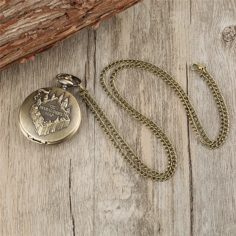 Bronze Engraved Castle Map Pattern Men Women Quartz Pocket Watch Sweater Necklace Chain Full Hunter Retro Timepiece Gift