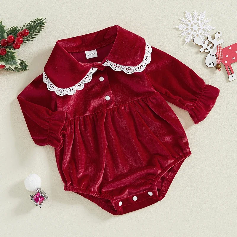 Baby Girl Spring Autumn Lace Trim Velvet Romper Long Sleeve Lapel Triangle-Bottom Jumpsuit Newborn Clothes