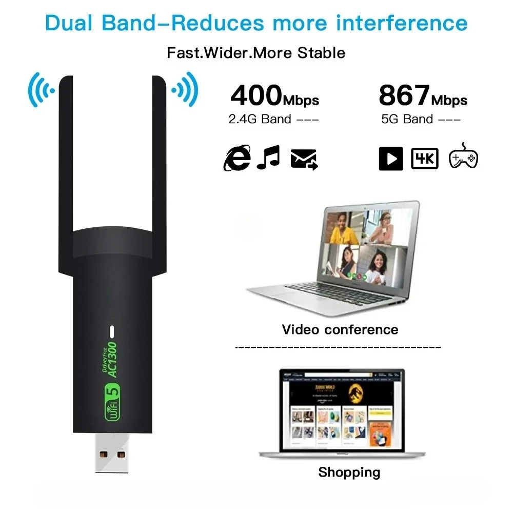 

1300 Мбит/с USB Wi-Fi адаптер двухдиапазонный 2,4G 5 ГГц беспроводной ключ приемник сигнала режим точки доступа для ПК/ноутбука Win7/10/11 драйвер бесплатно