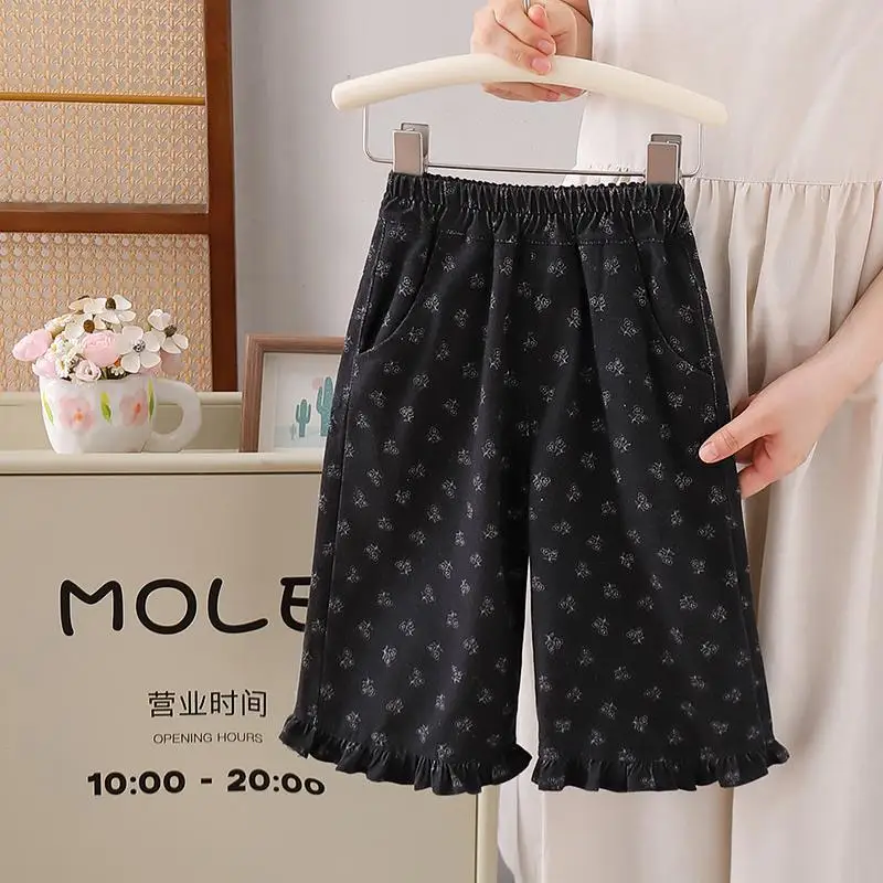 

New Spring Baby Girls Wide Leg Pants Floral Printed Korean Style Corduroy Ruffles Toddlers Kids Casual Trousers