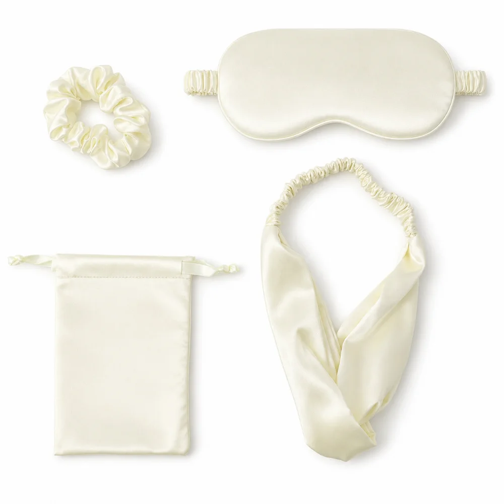 New Simulation Silk Eye Mask Four Piece Set Double-sided Silk Smooth Full Blackout Sleep Eye Mask Travel Storage Set Eye Mask view 6