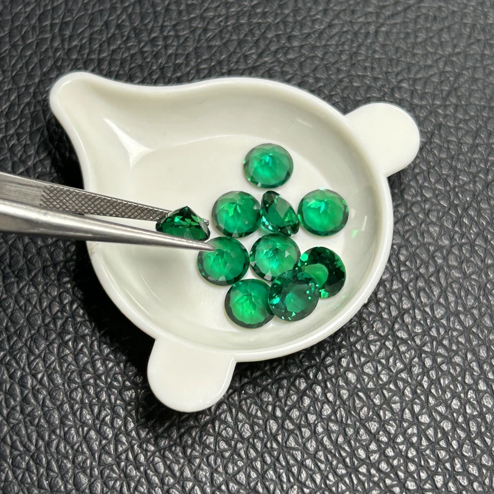 6.5mm Diamond Cut Zambia Emerald Lab Grown Dark Green Round Emerald