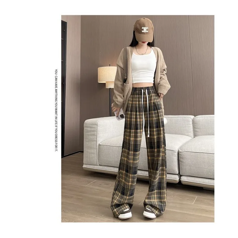 Retro Plaid for Women in Autumn High-waisted Loose Slim Straight Relaxed Casual Wide-leg Pants