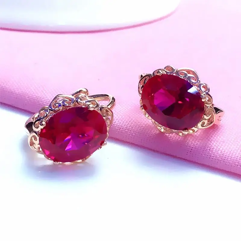 585 purple gold plated 14K rose gold inlaid oval ruby flower earrings for women elegant charm sweet wedding jewelry for couples