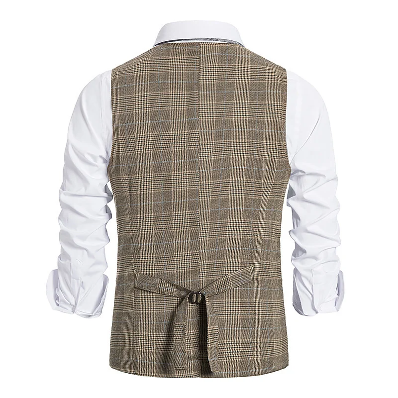 #4829 Grey Khaki Double Breasted Vests Coat Men Regular Fit Business Men\'s Vest Vintage Plaid Sleeveless Blazer Vest Waistcoat