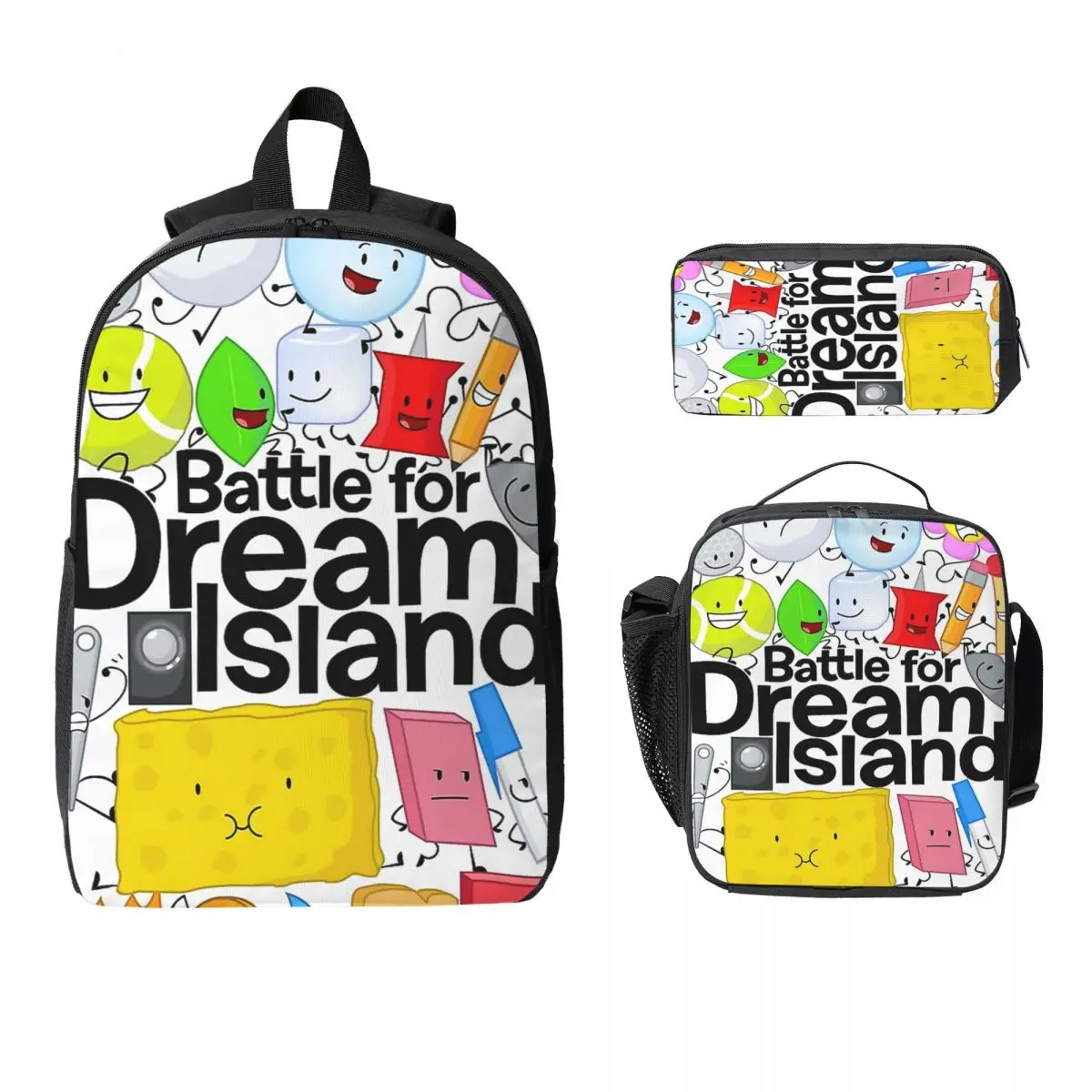 

BFDI Poster White Backpack Student Boys Girls BookBag School Bag Laptop Shoulder Bags 3ps Insulated Lunch Bag Pencil Case